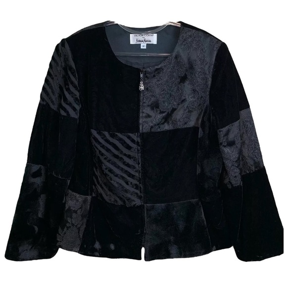 Victor Costa Neiman Marcus Velvet Patchwork Textured Formal Jacket Black Size 12 - Picture 1 of 7